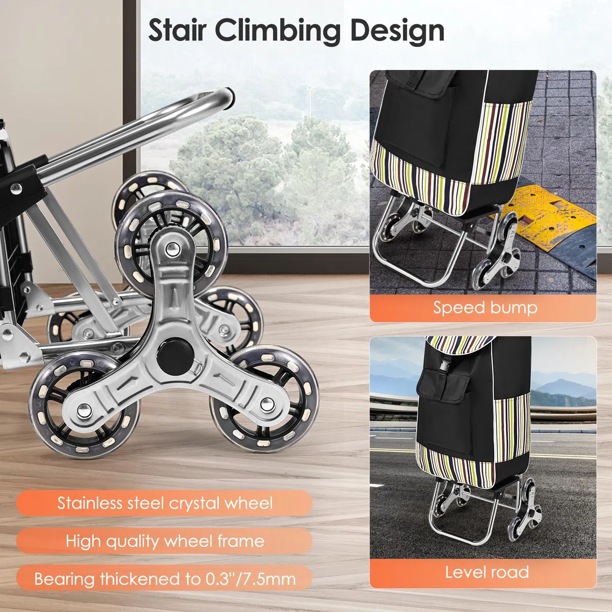 Carrello Spesa 3 Ruote Scale, Carrello Portaspesa Pieghevole, 32L, Capacità di Carico 30kg, Borsa di Stoccaggio Rimovibile, Ruote in Acciaio inox, per Salire le Scale