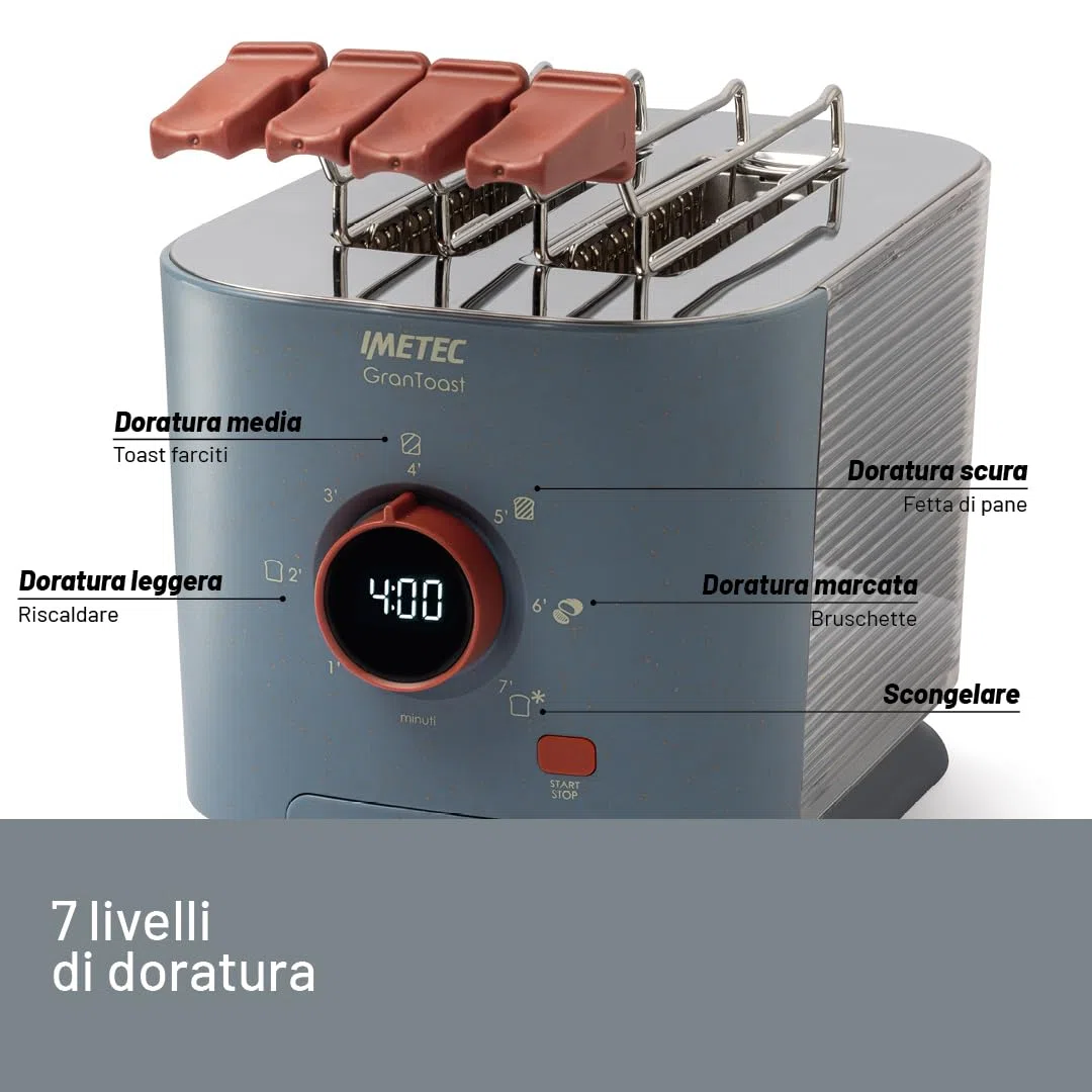 Imetec Grantoast - Tostapane 2 Fette XL con Pinze Apribili per Toast Farciti - 7 Livelli Doratura, Facile Pulizia, Display LED, Griglia Scalda Brioche, Pizzette e Focacce, Timer Digitale, Acciaio Inox