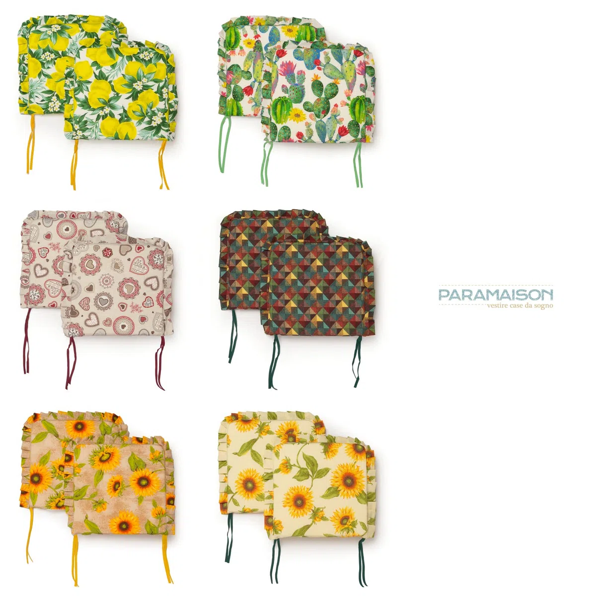 PARAMAISON Cuscini Coprisedia Shabby Chic Country Limoni, Volant ai Bordi, Imbottito, con Laccetti, Sfoderabile, 40x40 cm, Set da 6 pezzi