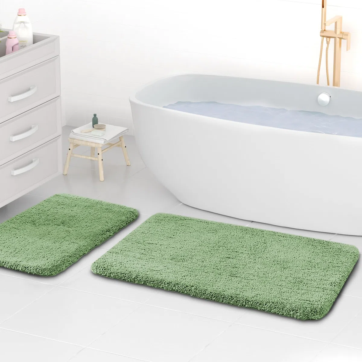 wyewye Tappetini da bagno in microfibra, super spessi 2 cm, tappeti da bagno super assorbenti 50 x 80 cm e 40 x 60 cm, verde chiaro