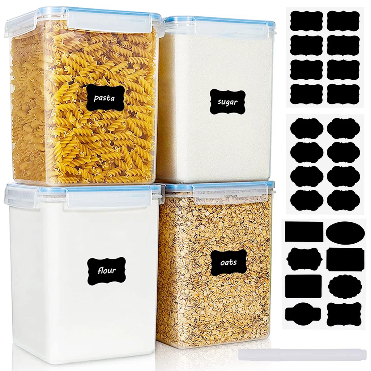 5.2L Contenitori Alimentari per Cereali 4 Pezzi, Contenitori Ermetici per Alimenti Cucina Plastica con Coperchio, Barattoli Ermetici per Alimenti, Porta Pasta, Contenitori Cereali per Muesli,Farina