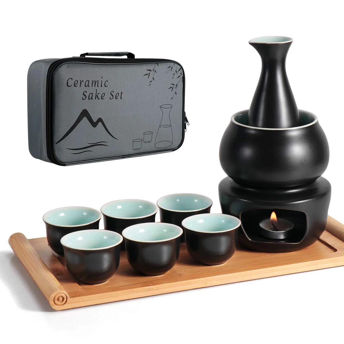 LOUTYTUO Set di Sake in Ceramica + Vassoio in bambù con pentola più Calda, Bevanda saki Calda in Ceramica sicura per Stufa, Confezione Regalo da 10 Pezzi