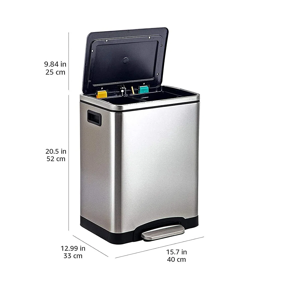Amazon Basics Pattumiera 30 L (2 x 15 L) Rettangolare con due scomparti e pedale in tubo d'acciaio - chiusura ammortizzata con coperchio, per cucina, bagno o ufficio, in acciaio inossidabile