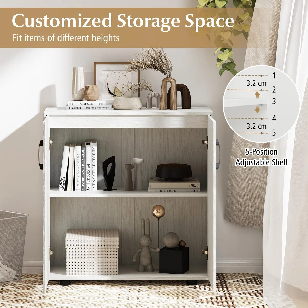 KOMFOTTEU Credenza Cucina con 2 Ante, Mobile Buffet con Ripiano Regolabile, Armadio Dispensa in Legno Antiribaltamento, per Sala da Pranzo, Soggiorno, Ingresso, 80 x 31,5 x 82 cm (Bianco)