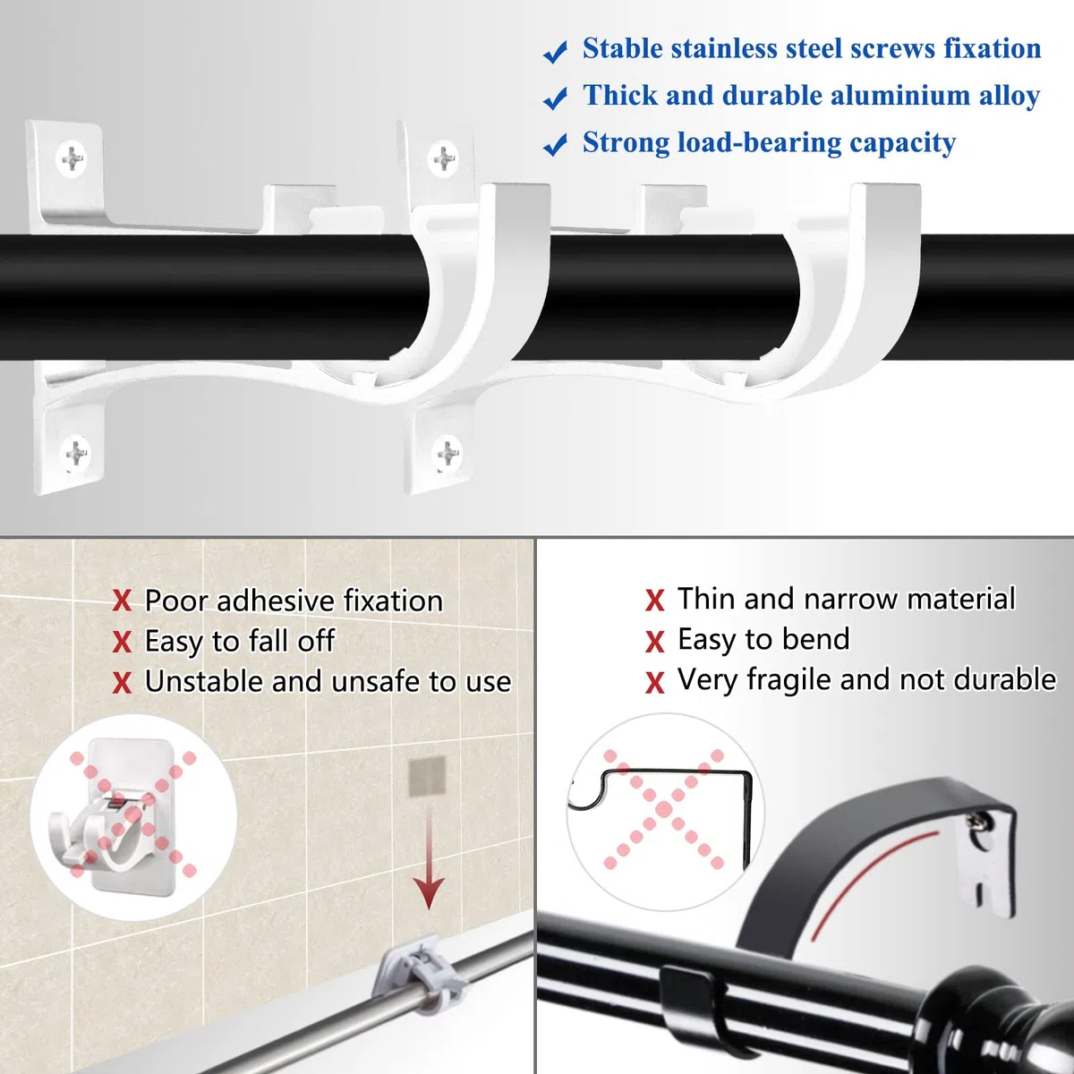 TOKPLNU Set di 6 supporti per aste per tende, robusti supporti per aste per tende, in lega di alluminio, con fibbia in plastica per aste da 25 mm a