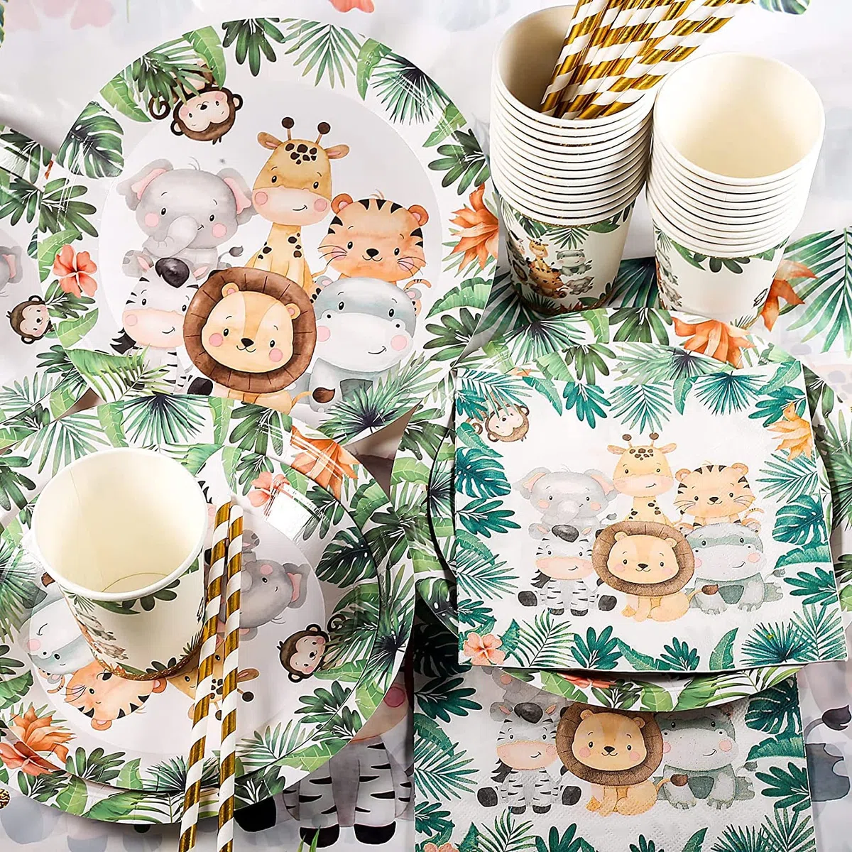 Yosemy Giungla Safari Set di Stoviglie di Carta Usa e Getta per 25 Ospiti - 127 Pezzi Con Piatti, Tovaglioli, Cannucce per Wild One Decorazione di Compleanno Verde