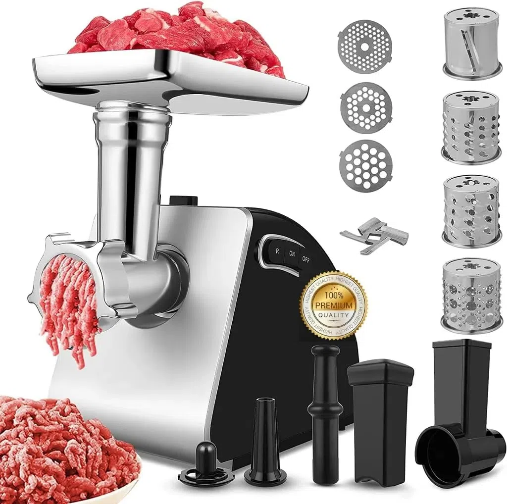 Tritacarne Elettrico Professionale 2000W con Insaccatrice e Accessorio Biscotti | 5 in 1 Macchina per Macinare Carne con 3 Dischi, 4 Lame e Accessori per Salsicce, Kibbe, Verdure e Dolci