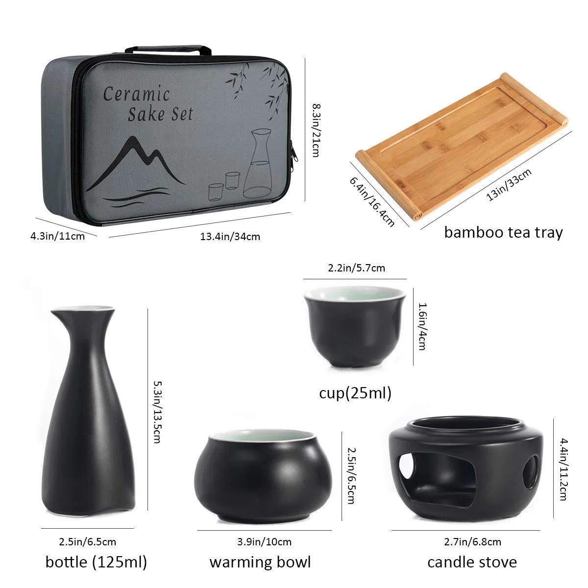 LOUTYTUO Set di Sake in Ceramica + Vassoio in bambù con pentola più Calda, Bevanda saki Calda in Ceramica sicura per Stufa, Confezione Regalo da 10 Pezzi