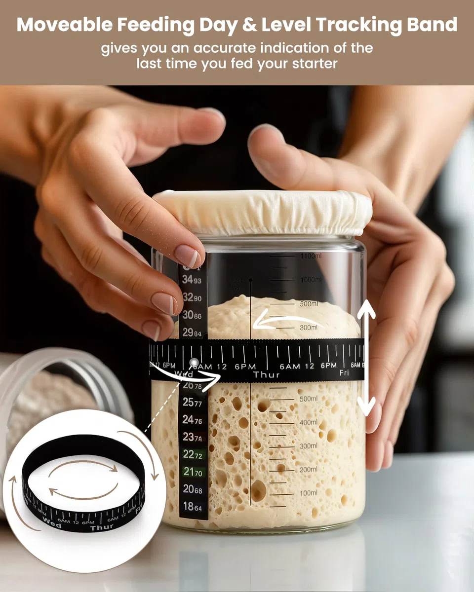 PITCH + PULSE Starter Kit per Pasta Madre, 1200ml Vetro Fermentato con Termometro, Nastro Alimentazione Data, Spatola, Contenitore per la Cottura del Pane a Lievito Naturale