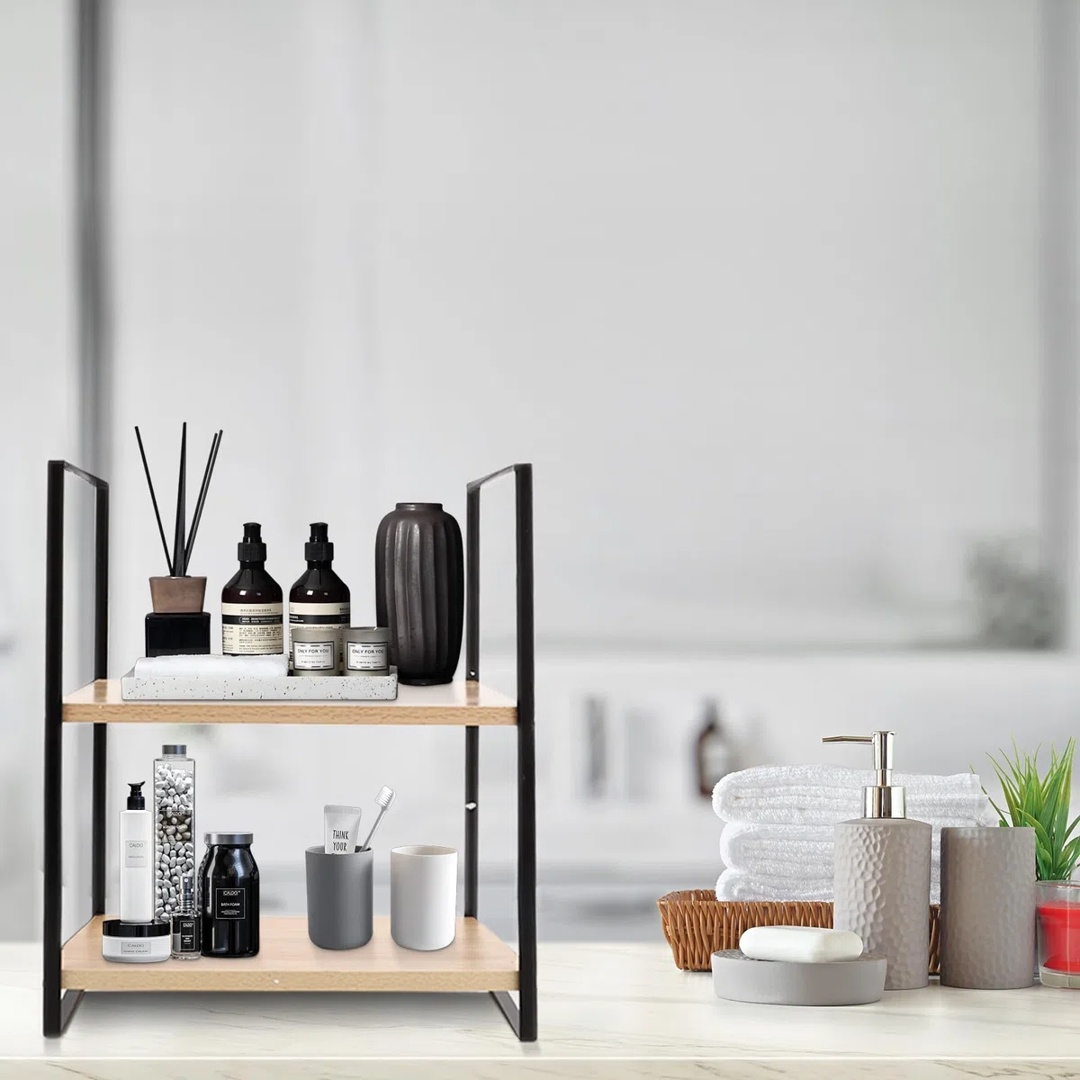 Mensola da scrivania, ripiano da cucina, mini scaffale in legno a 2 livelli, per scrivania, comò e cucina, piano di lavoro (nero + legno)