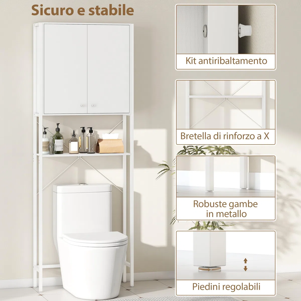 HOMCOM Mobile Bagno Sopra WC con Armadietto e Ripiano Aperto, Mobile Sopra Lavatrice Salvaspazio con Gambe in Metallo, per Bagno e Lavanderia, 64x20x180 cm, Bianco