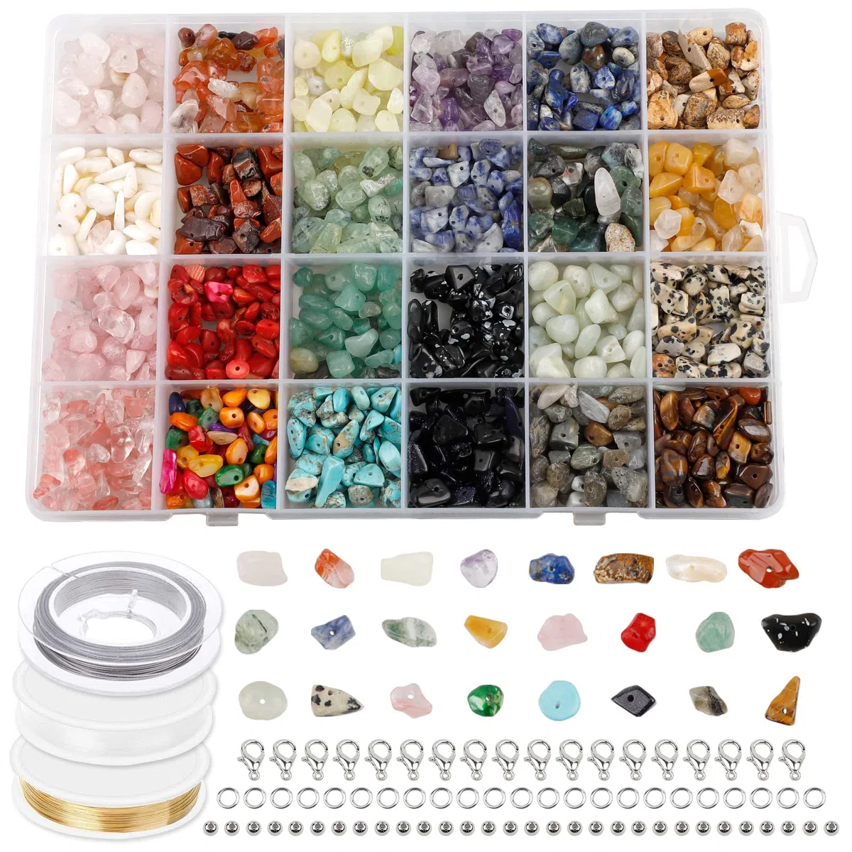 SWAWIS Set di 24 pietre preziose con foro, 4 – 8 mm, perline di pietra irregolari, pietre preziose, per il fai da te, con perline distanziatrici, anelli di piegatura