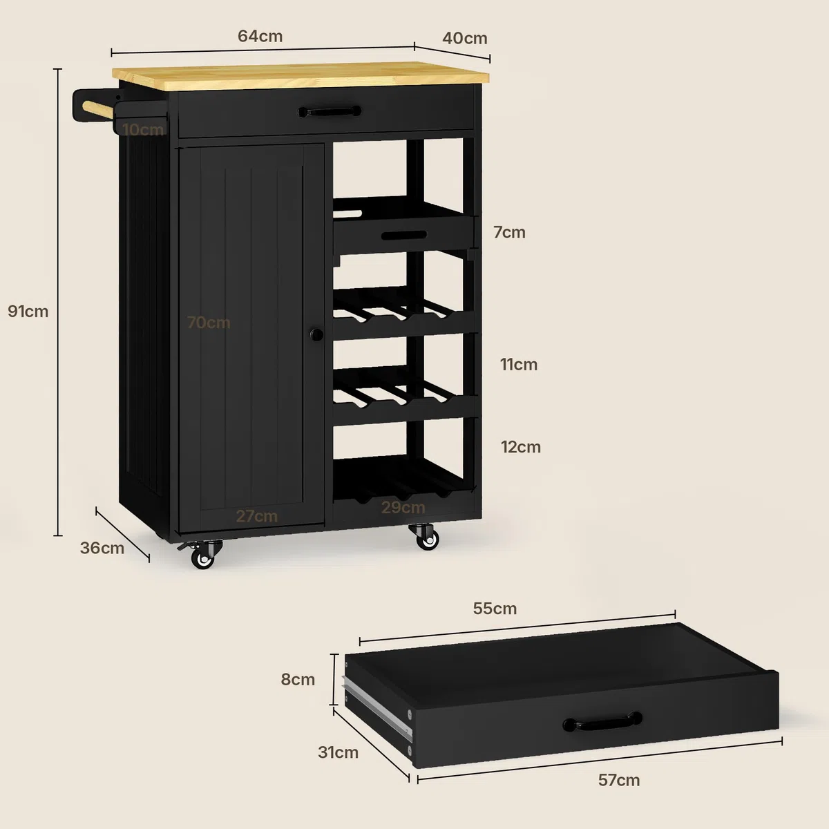 Xbro Mobile Bar con Ruote e Cassetto, Carrello Cucina Salvaspazio con Vassoio Rimovibile e Portabottiglie, Ideale per Watch Party, Aperitivi e Serate Calcio, 40x64x91 cm