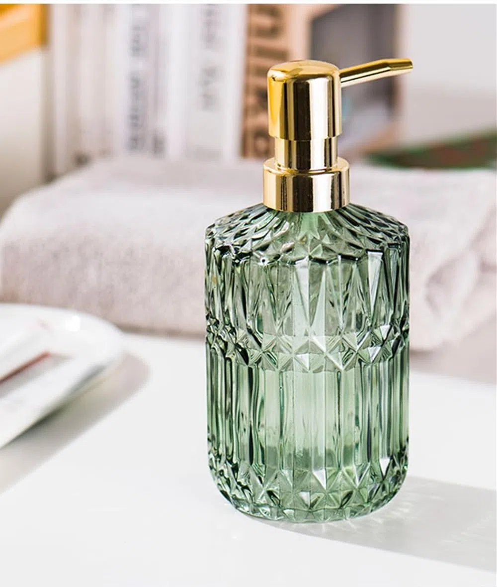 Dispenser Sapone Bagno Vetro, 390ml Dispenser Sapone Vetro Oro e Verde, Elegante Vintage Dispenser Sapone Liquido da Bagno, Set da 2