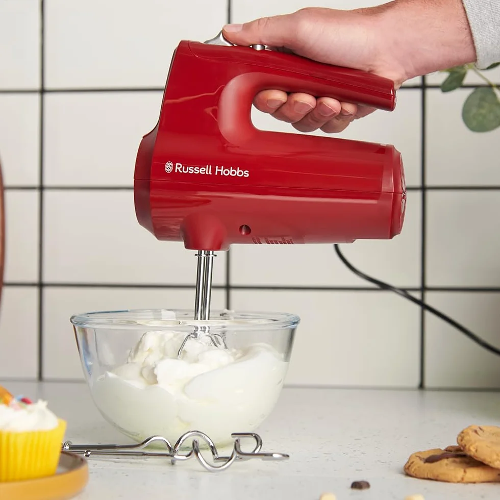 Russell Hobbs Sbattitore Desire Rosso (5 velocità + funzione Pulse, 2 fruste e 2 ganci impastatori cromati lavabili in lavastoviglie, Supporto per ciotola e base d’appoggio, 350W)27152-56
