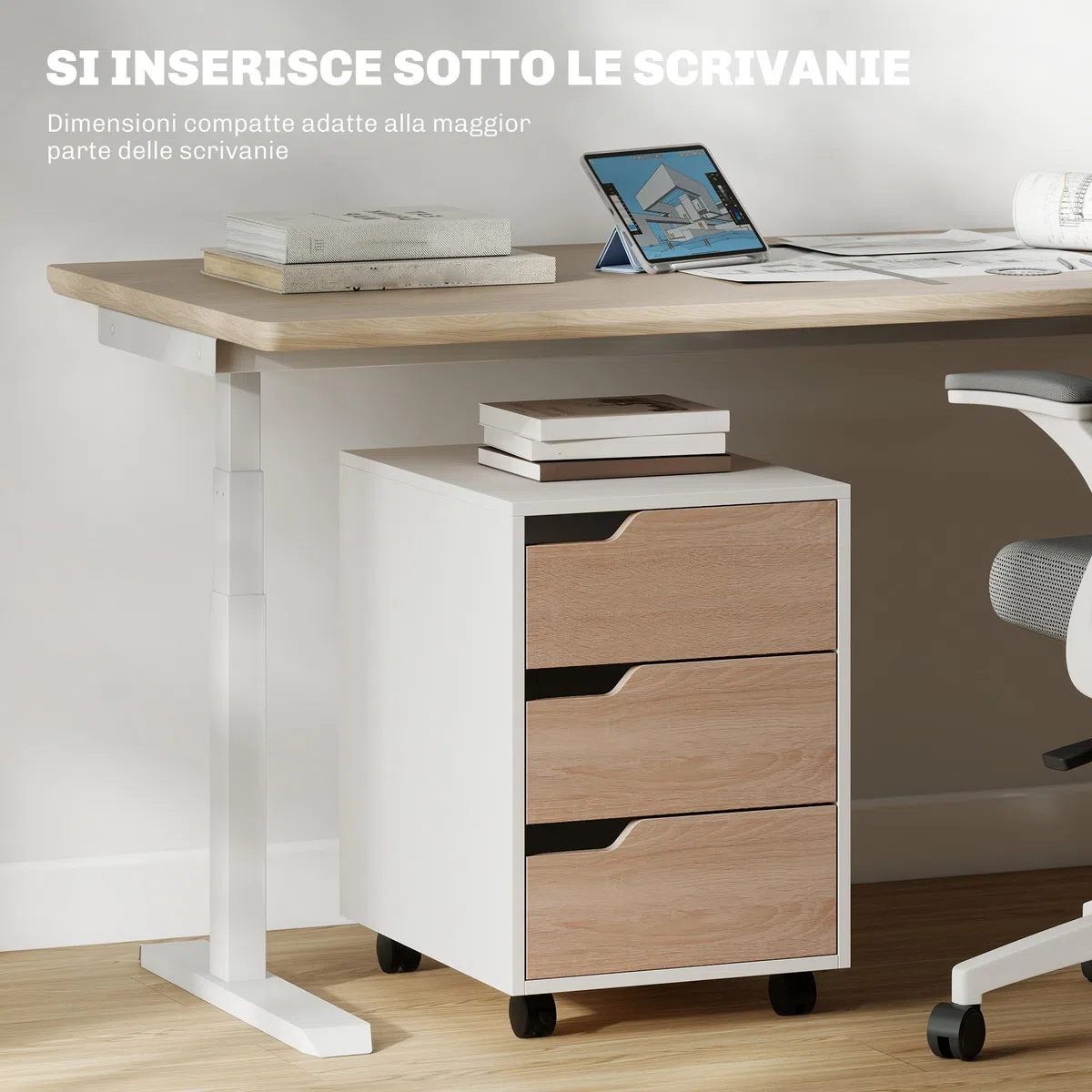 HOMCOM Cassettiera da Ufficio Portadocumenti a 3 Cassetti con Maniglie a Scomparsa, Armadietto da Ufficio a 4 Ruote in Legno e Metallo, 40x50x57.5 cm, Legno e Bianco