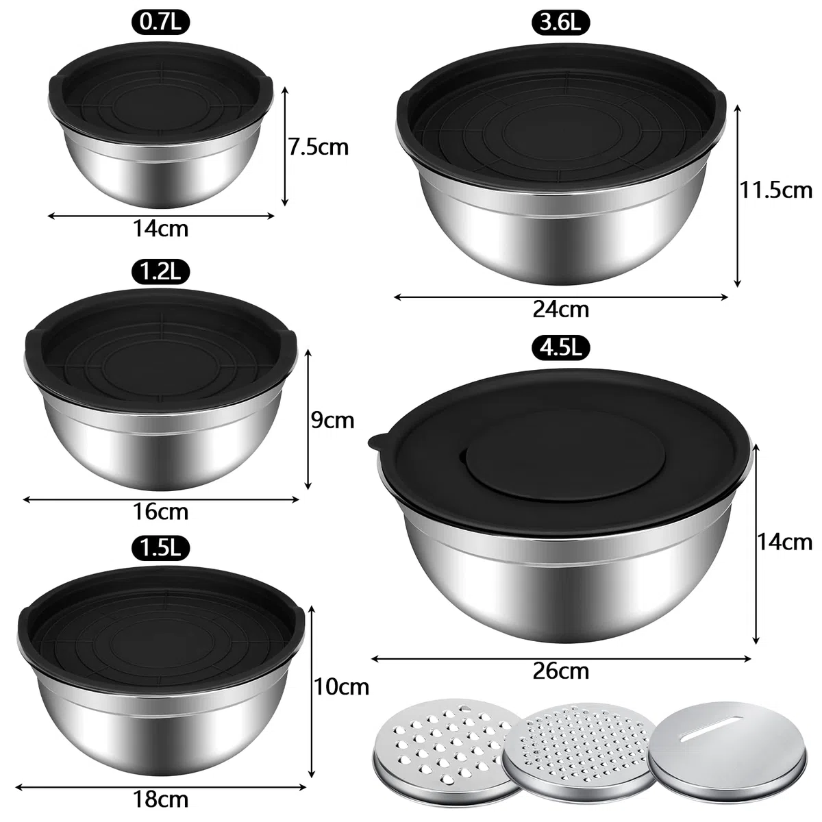 Pavlleen Set 5 Pezzi Ciotole in Acciaio Inox da Cucina, Ciotola Insalatiera-0.7L-1.1L-1.6L-3.6L-4.5L, Ciotole per miscelazione in Acciaio Inox con coperchi ermetico, per Lavorare e Conservare Alimenti