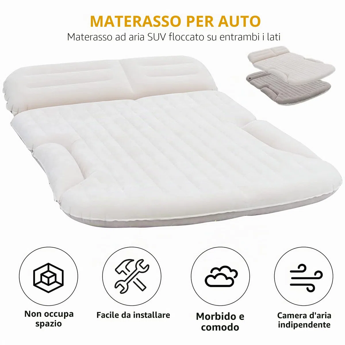 KMZ SUV - Materasso per auto ispessito e floccato su entrambi i lati, per campeggio, con 2 cuscini per sedile posteriore e bagagliaio (beige e caffè)