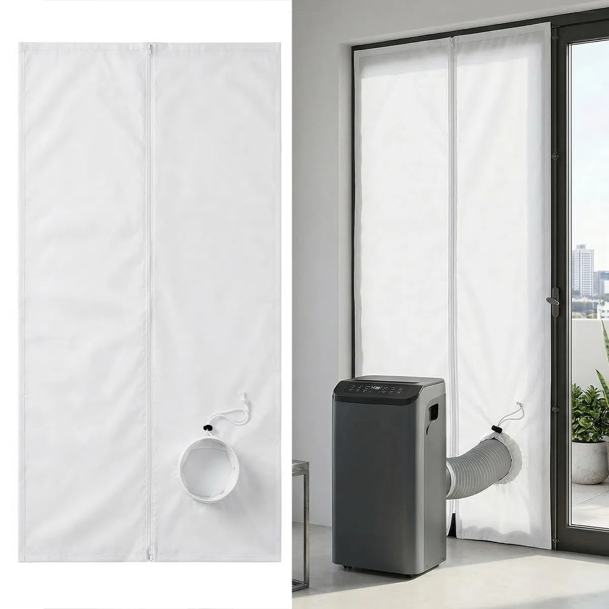 Guarnizione per finestra per climatizzatore mobile, 120 x 240 cm, con cordino e chiusura in da 8 m, con tasca con chiusura lampo, universale per tutti i tipi di finestre