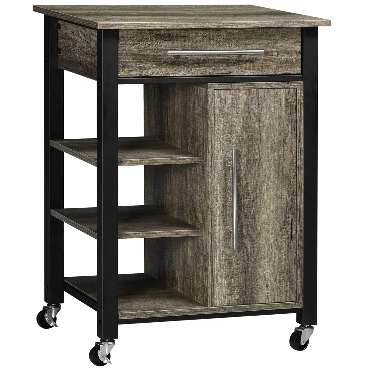 HOMCOM Carrello da Cucina Portavivande con Cassetto, Mensole, Armadietto e 4 Ruote, Legno Truciolare, 60x50x84.5cm, Quercia