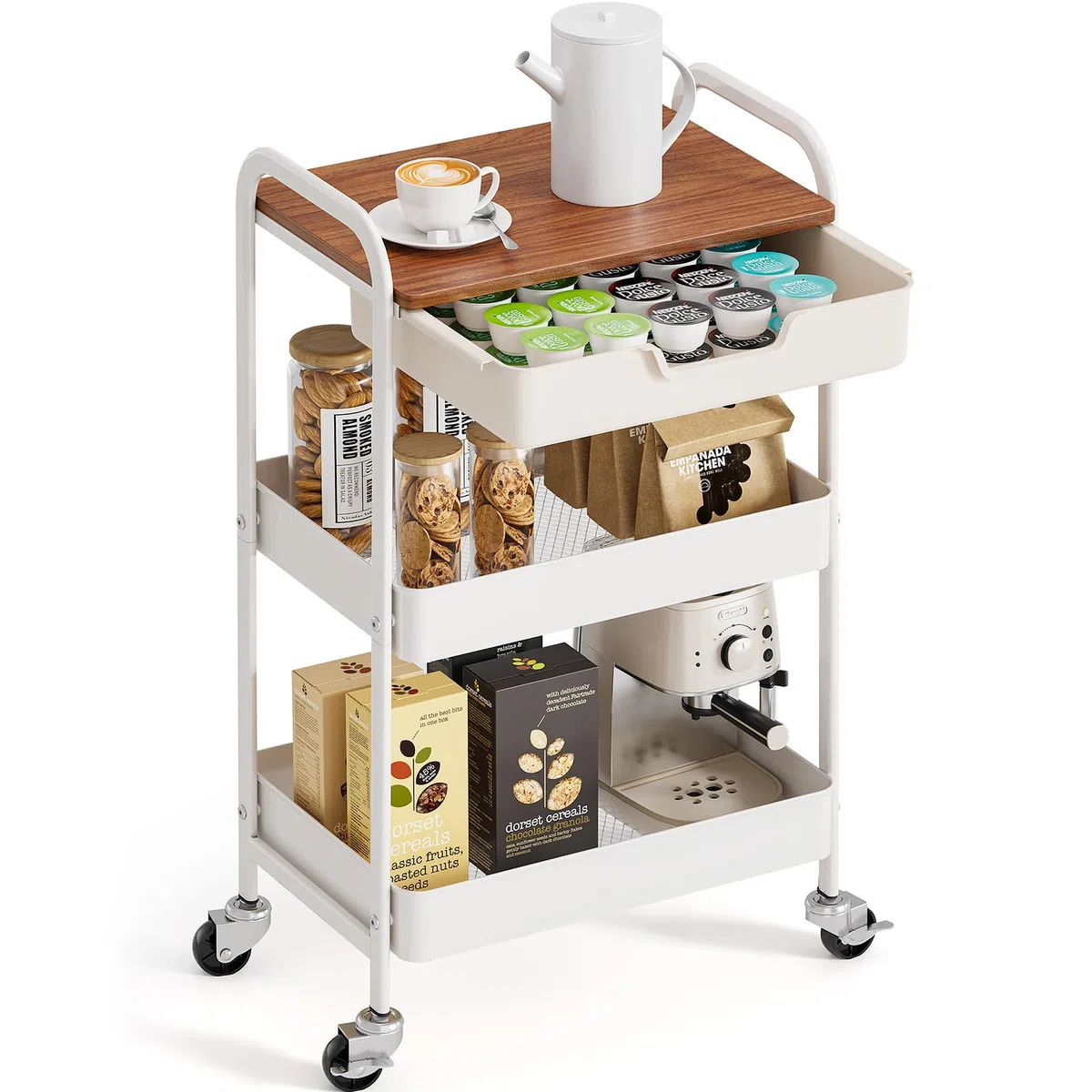 KINGRACK Carrello Cucina, Carrello Estetista a 3 Ripiani, Carrellino Salvaspazio con Cassetti, Carrello Bagno con Ruote, Carrello Portaoggetti con Piano da Legno Tavolo, Bianco (Marrone scuro)