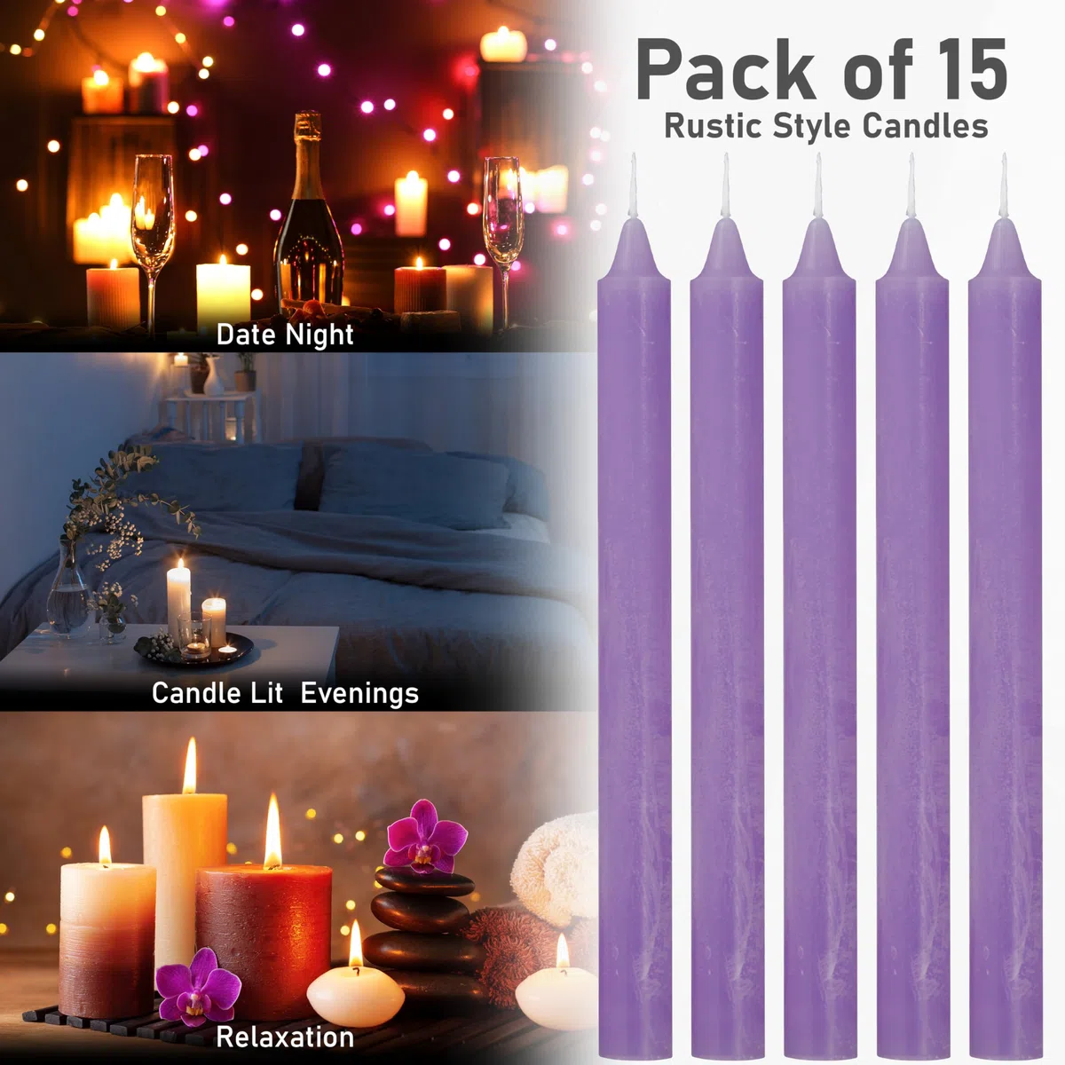 DECO EXPRESS Candele Coniche Set da 15 Candele Rustiche Fatte a Mano Candela Natalizia Durata di Combustione di 9 Ore Senza Profumo (Viola - Confezione da 15)