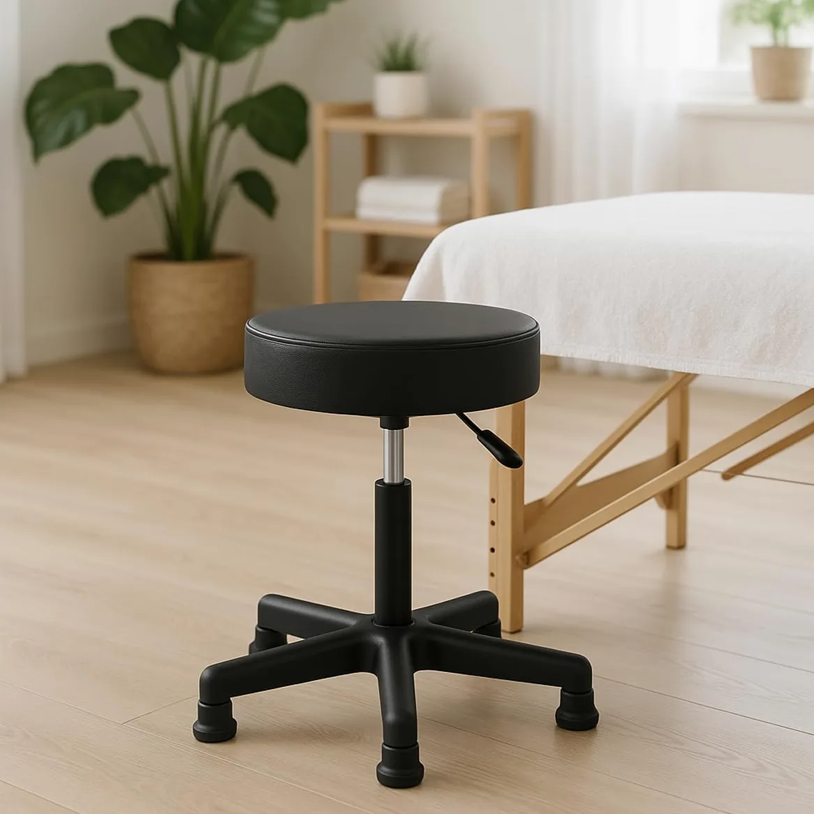 Sgabello girevole senza ruote - Altezza regolabile 44-58 cm - Piedi Fisse - Seduta comoda similpelle nera - Stabile per casa e postazione di lavoro