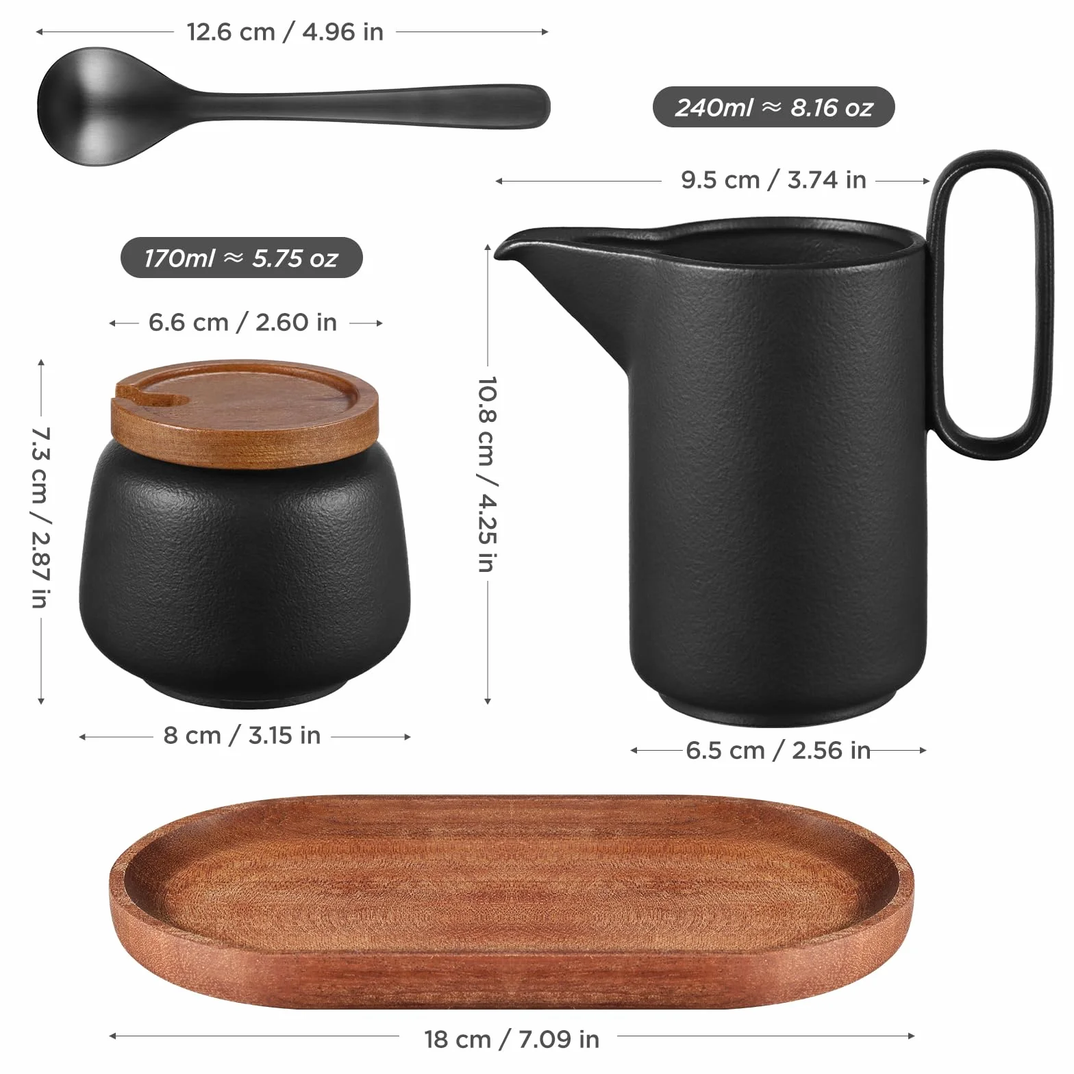 ecooe Set latte e zucchero – Brocca per latte in ceramica nera e zuccheriera, con coperchio e cucchiaio in metallo, zuccheriera Barista con vassoio in legno, brocca in ceramica, contenitore per latte