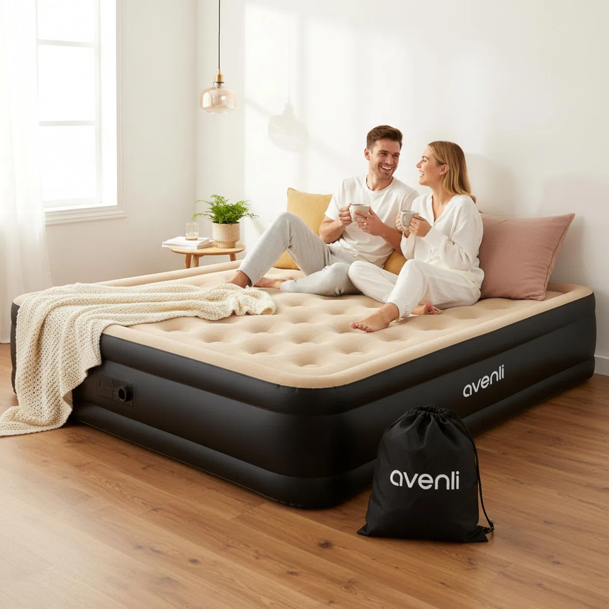 AVENLI Materasso Gonfiabile Matrimoniale 203x157x47 cm, Letto Gonfiabile Autogonfiabile 2 Persone con Pompa Elettrica Integrata, Materasso per Campeggio e Letto Ospiti, Coil-Beam, beige