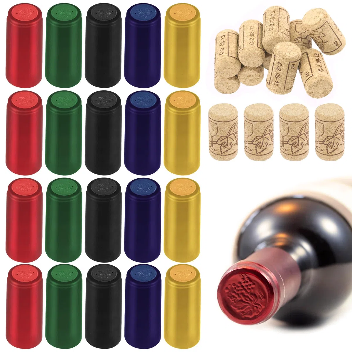Swpeet 130Pcs 5 Colori Oro Nero Rosso Verde Blu PVC Calore Capsule termorestringenti e Naturale Diritto Bottiglia di Vino Tappi di sughero Assortimento Kit di Tappi di Vino per Bottiglie di Vino