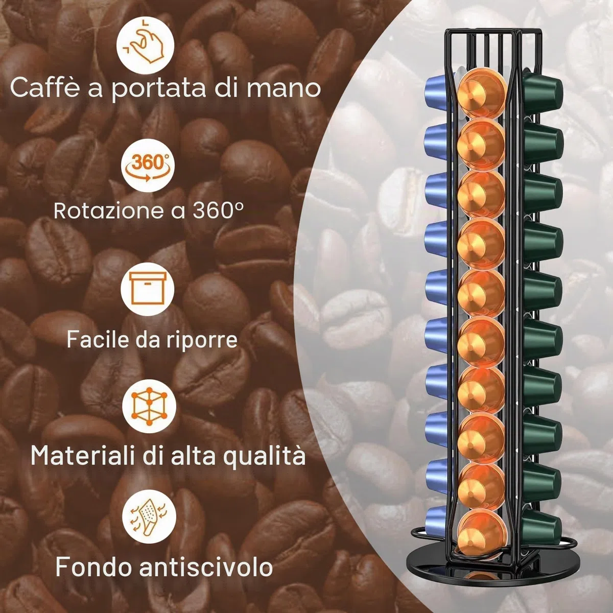 Porta Capsule Caffe per Nespresso, Porta Cialde Per Nespresso 40 Pezzi Caffè Capsule, Portacapsule Girevoli a 360 Gradi Acciaio Inossidabile, Ufficio, Cucina 11.5x11.5x39cm Nero
