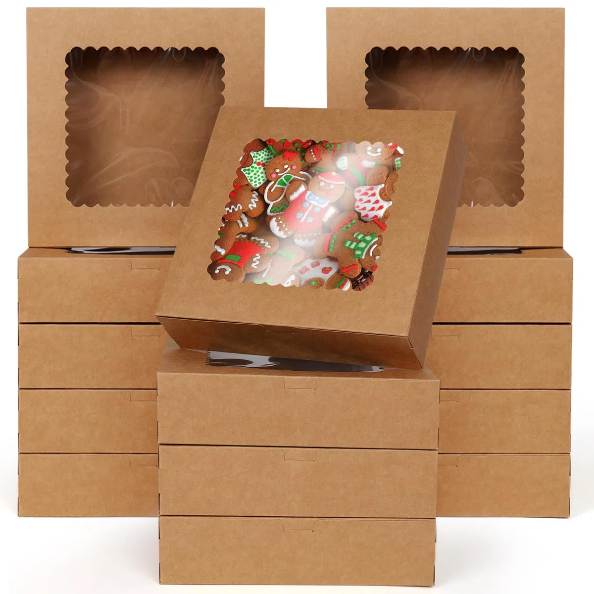 Scatola per Torte da 24 Pezzi, 20,4 x 20,4 x 6,4 cm Scatola per Dolci in Cartone Kraft con Finestra Trasparente per Feste di Natale Biscotti Pasticcini Cupcake Confezioni