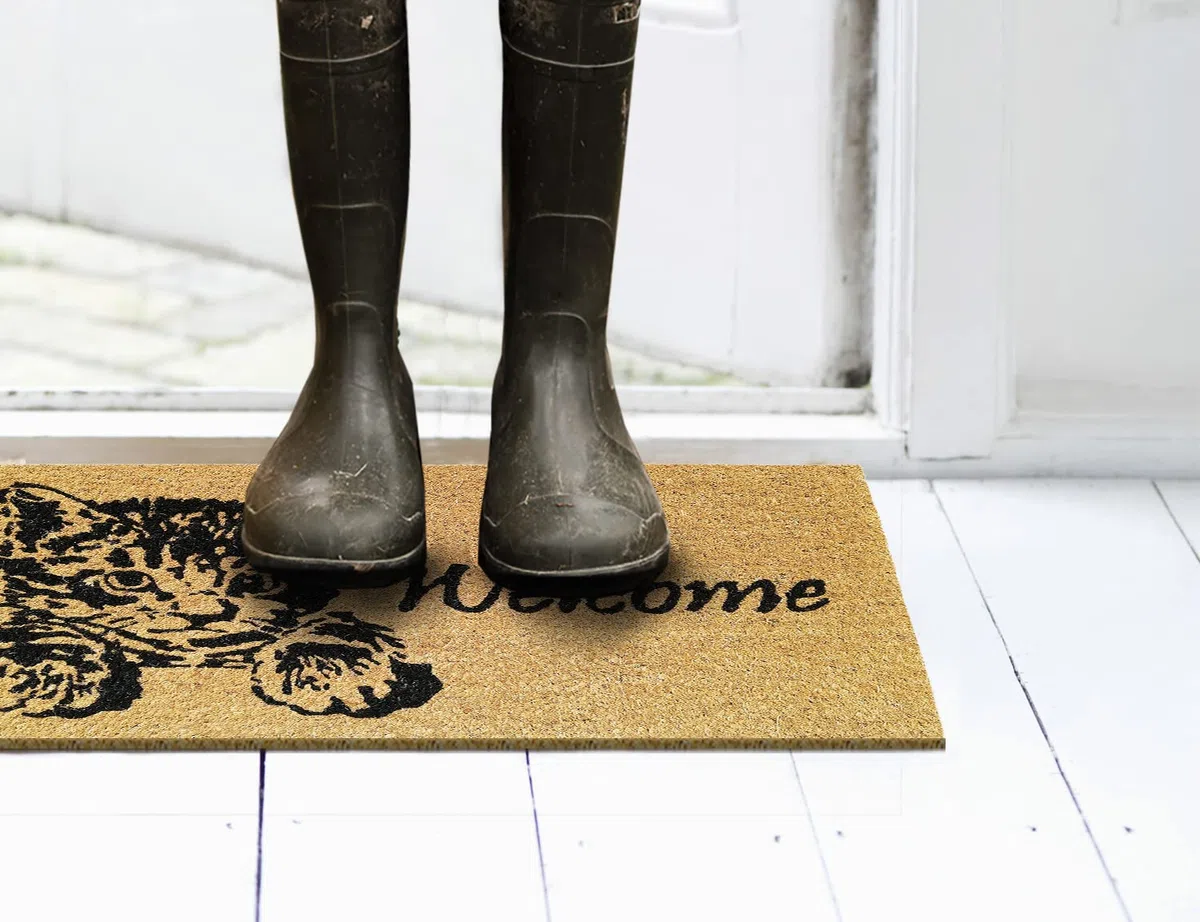 Banzaii Zerbino Ingresso Casa in Fibra di Cocco 40x70 cm, Tappeto Porta con Base Antiscivolo, Resistente e Ideale per Interno ed Esterno - Welcome Gattino