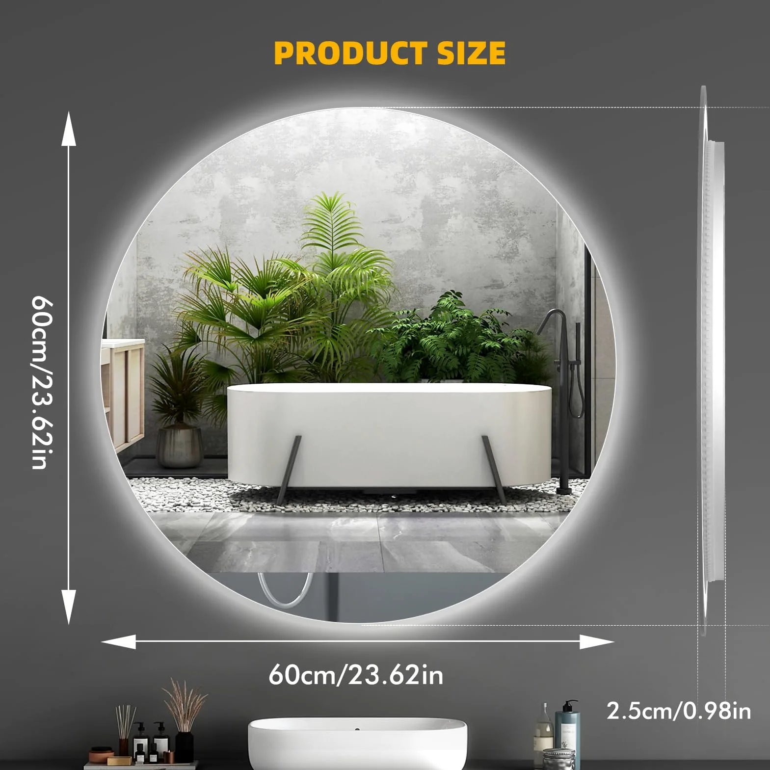 Sararoom 60 cm Specchio Bagno con Luce, Specchi da parete per bagno rotondo con orologio, Anti-Fog, Dimmerabile, 3 Colori Luci, Memoria, IP44 Specchio con luci retroilluminate, HD Vetro Temperato