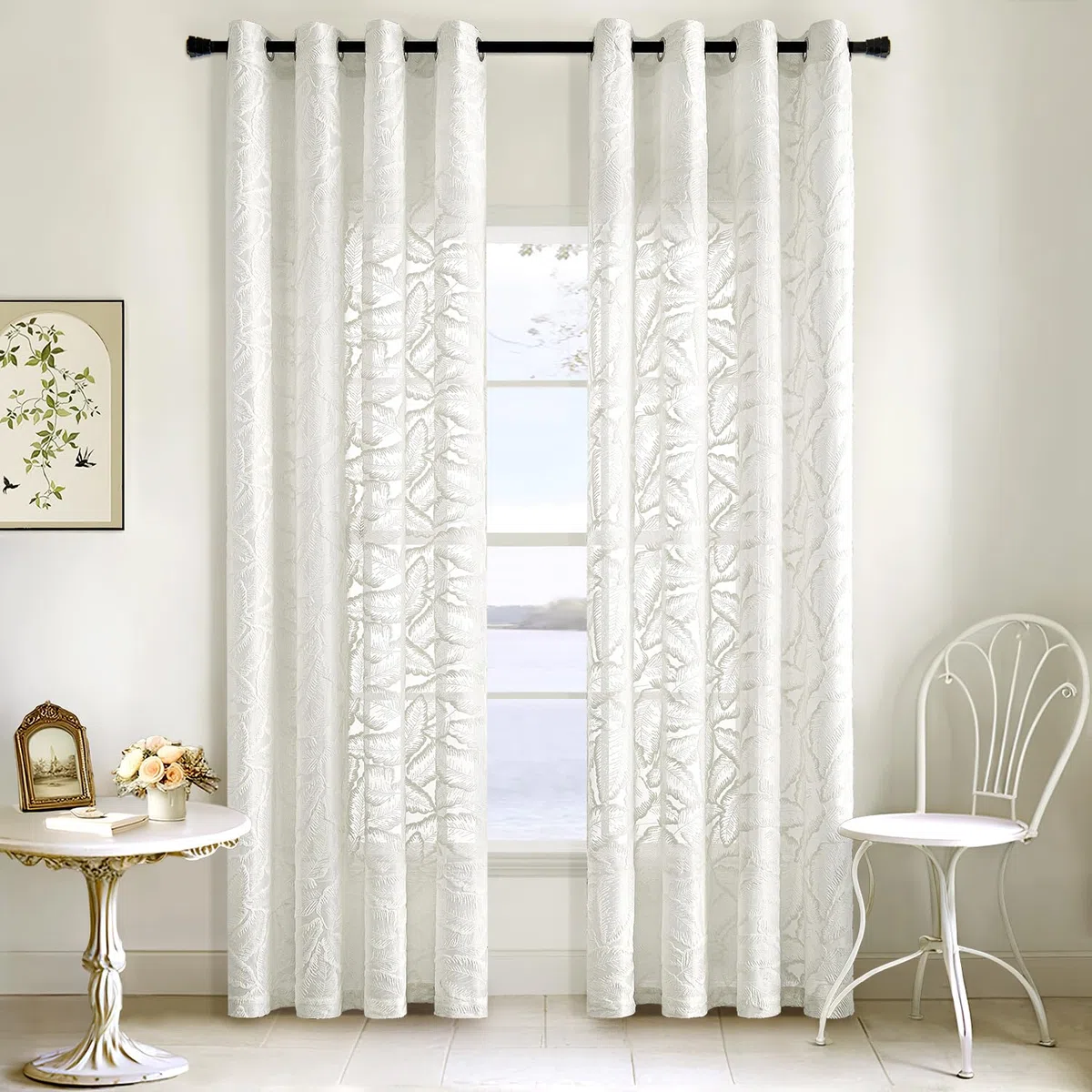 MIULEE Tende Ricamate a Foglie Trasparenti per Soggiorno e Camera da Letto - Eleganti e Moderne Con Occhielli, Set di 2 Pezzi 140X240 cm Bianco