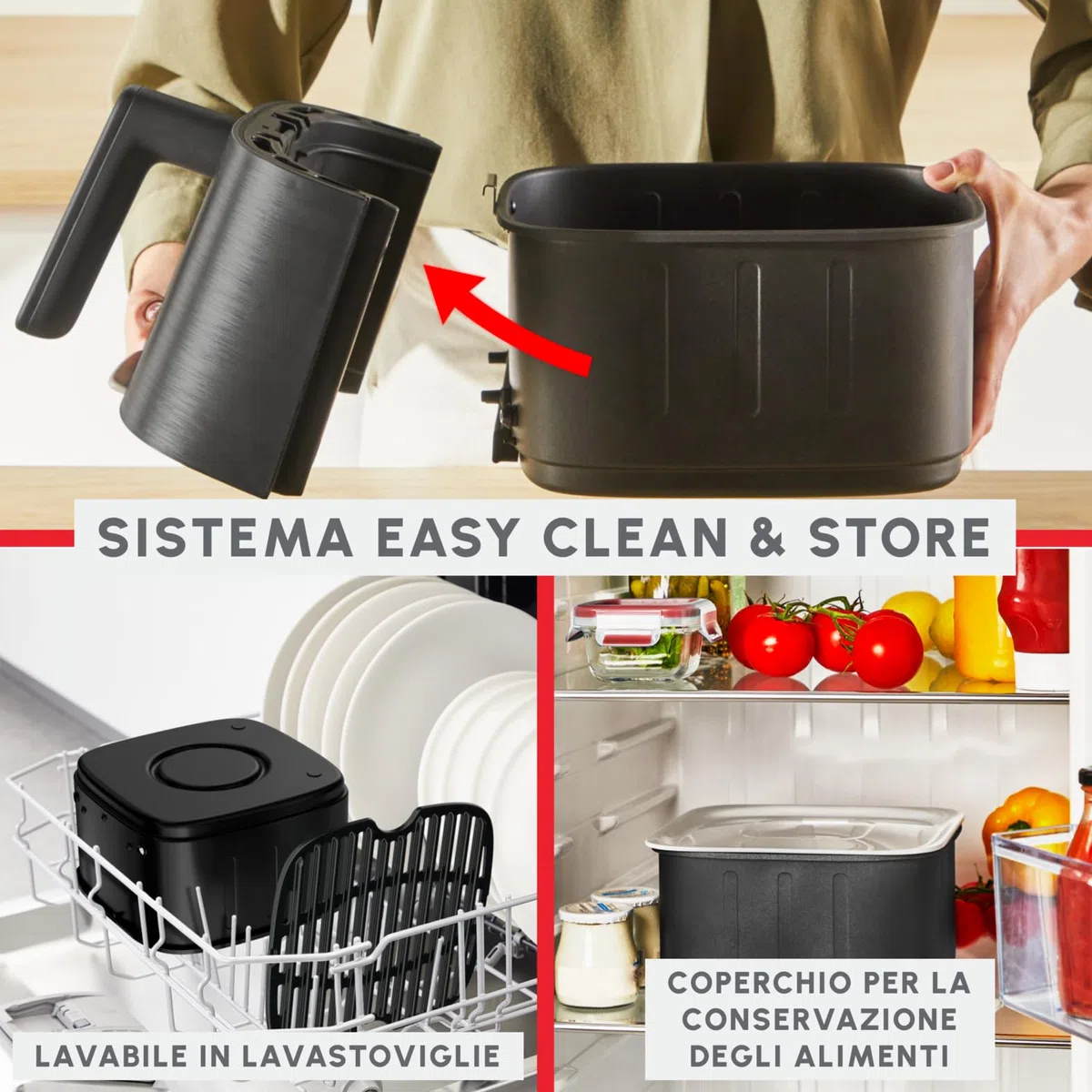 Moulinex Easy Fry Silence, Friggitrice ad Aria Silenziosa 5L/1.5kg per 6 Persone, 1670W, Sistema Easy Clean & Store, 10 Programmi, Touchscreen, Cestello Lavabile in Lavastoviglie, Nera, EZ5528