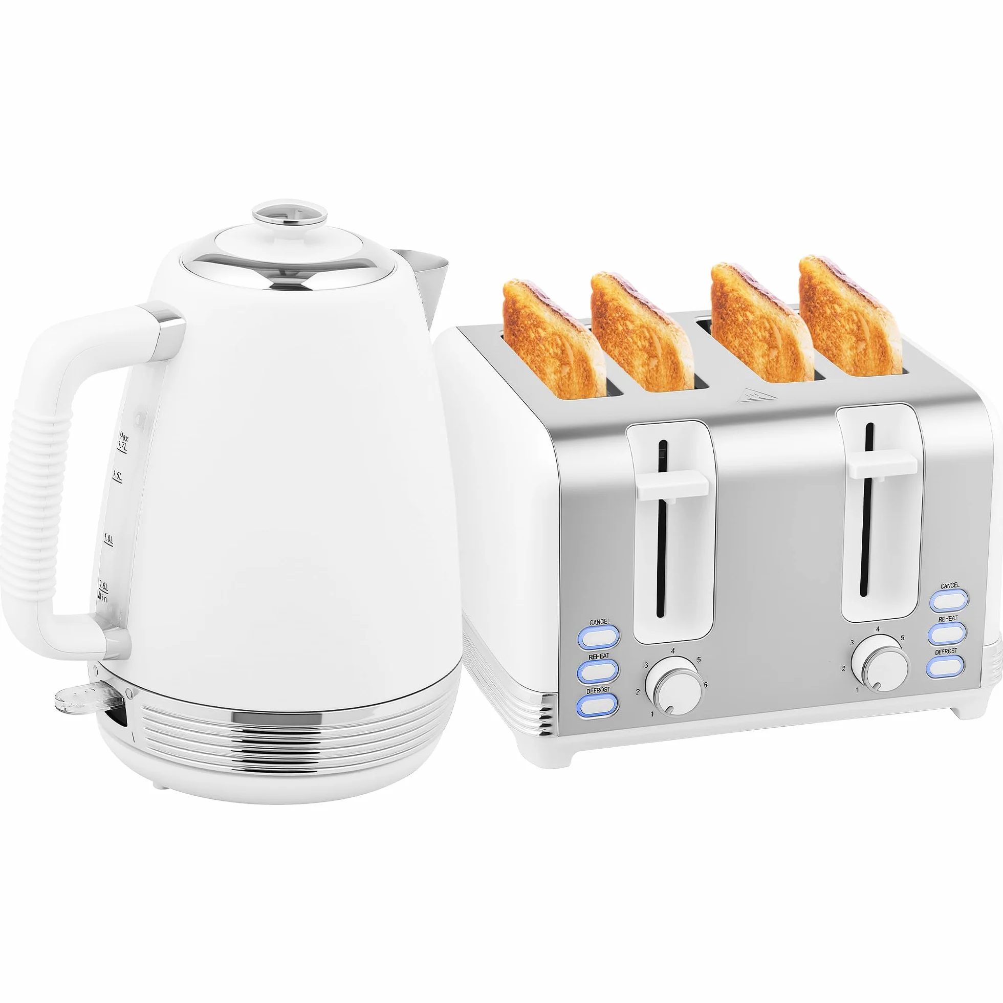 HOMCOM Set di bollitore e tostapane in acciaio inox 2200 W e 1,7 L, tostapane 4 fette, 7 livelli di brunitura, riscaldamento rapido, termostato Strix, filtro anticalcare e vassoio per briciole, bianco