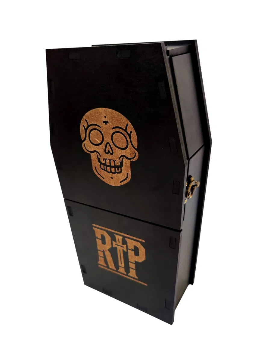 Wooden World - Scatola contenitore a forma di bara - con motivo di teschio e scritta RIP Decorazione di Halloween - nera