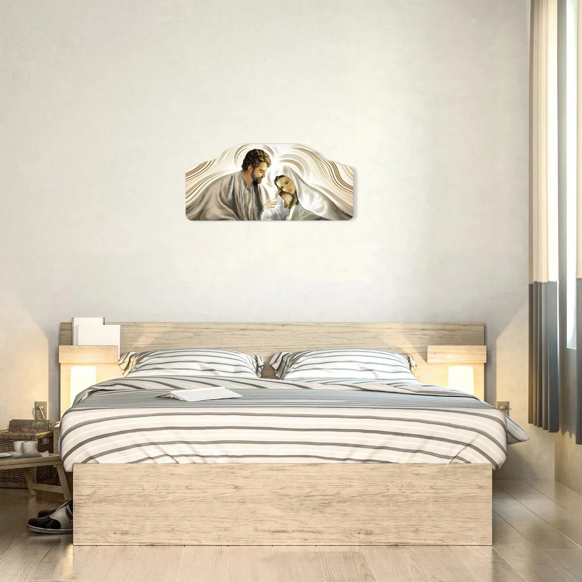 Lupia - Quadro Moderno Capezzale Nativity Brown Sacra Famiglia, Stampa su Legno, Artigianale 100% Made in Italy, Multicolore, 42 x 92 cm, Legno