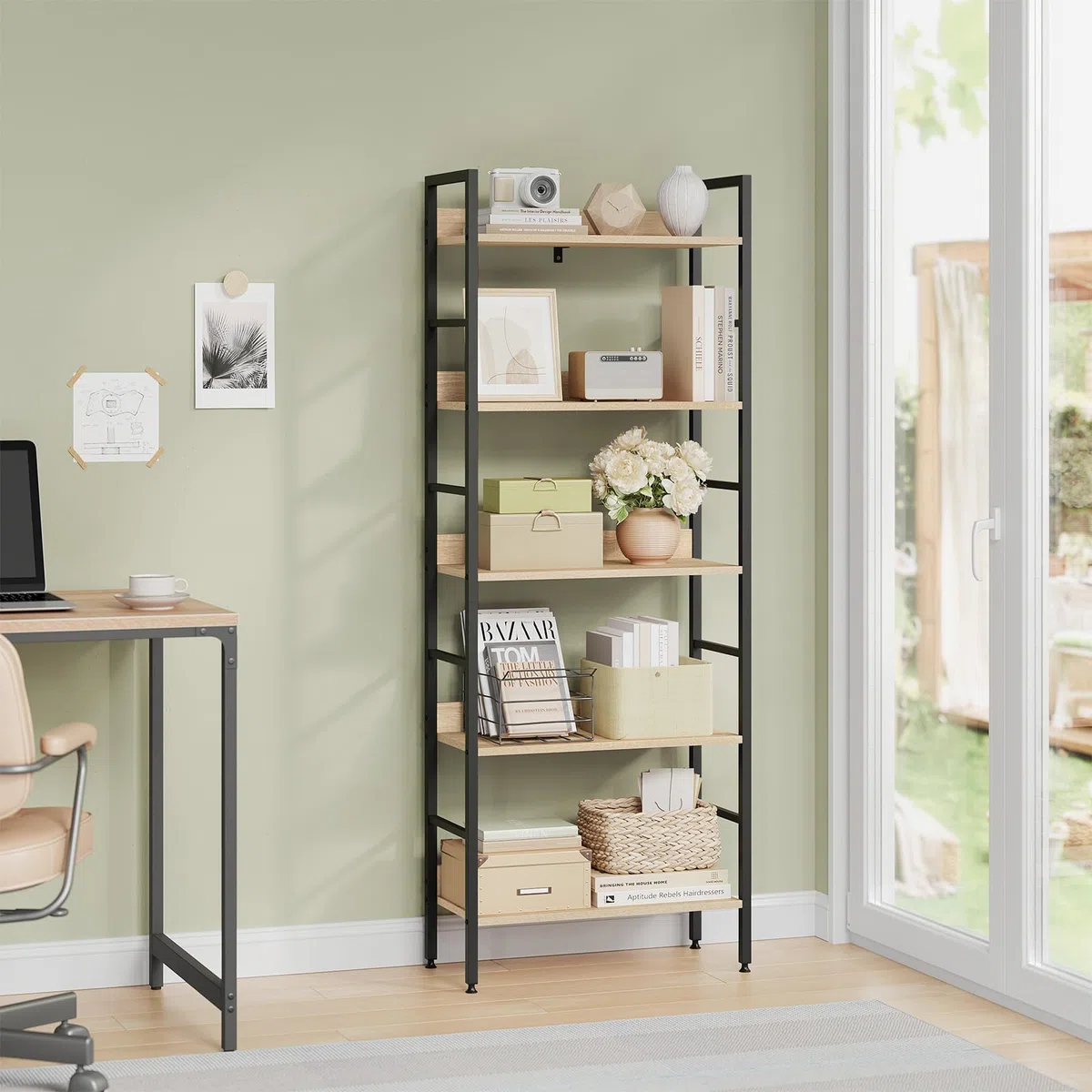 WOLTU Libreria Scaffale a 5 Livelli, Libreria Verticale Struttura in Metallo per Soggiorno/Camera da Letto/Studio, 60x27,5x160cm, Bianco + Rovere chiaro