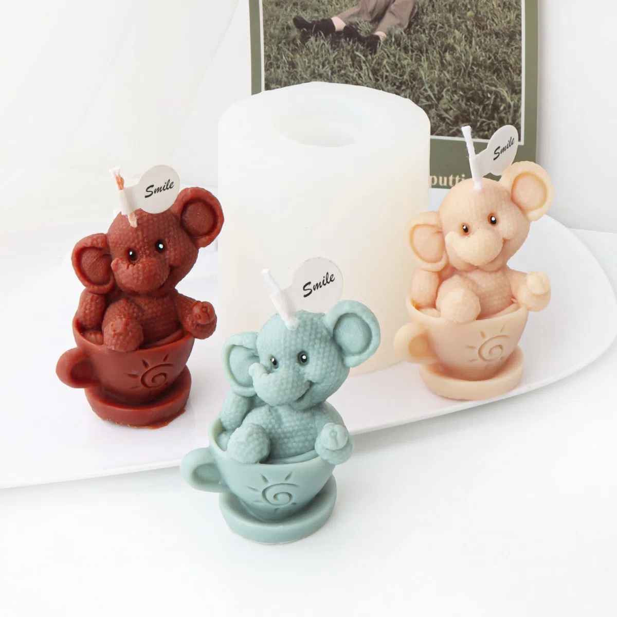 Xidmold 2 pezzi tazza elefante orso candela stampo 3D animale elefante orso stampo in silicone per fondente, cera di soia, sapone, gesso, resina epossidica, artigianato