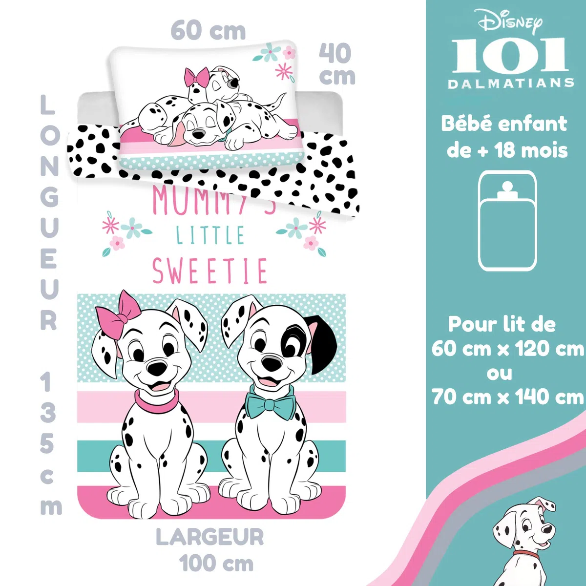 Copripiumino Disney 101 dalmata 100% cotone, set da letto 100 x 135 cm, federa 40 x 60 cm | Lettino reversibile | Cotone naturale morbido traspirante | Disney ufficiale | 0-3 anni | Sbarre | Lavabile in lavatrice