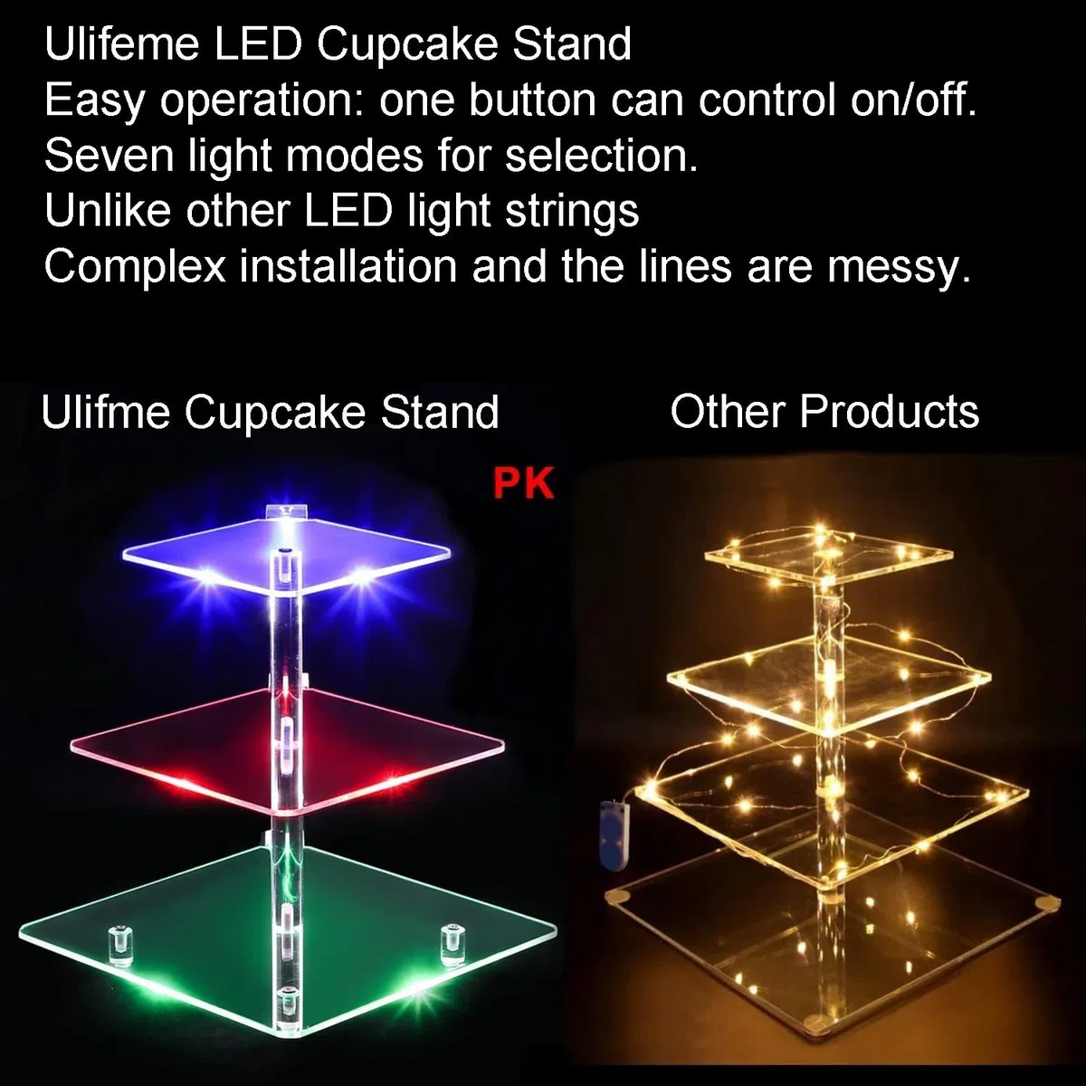 3 Piani Cupcake Stand, Ulifeme LED Ricaricabile Alzata, Supporto per Esposizione di Dolci Trasparente Quadrato, Torre di Cupcakes per Natale, Matrimoni, Anniversari, Feste Prenatalizie e Compleanni