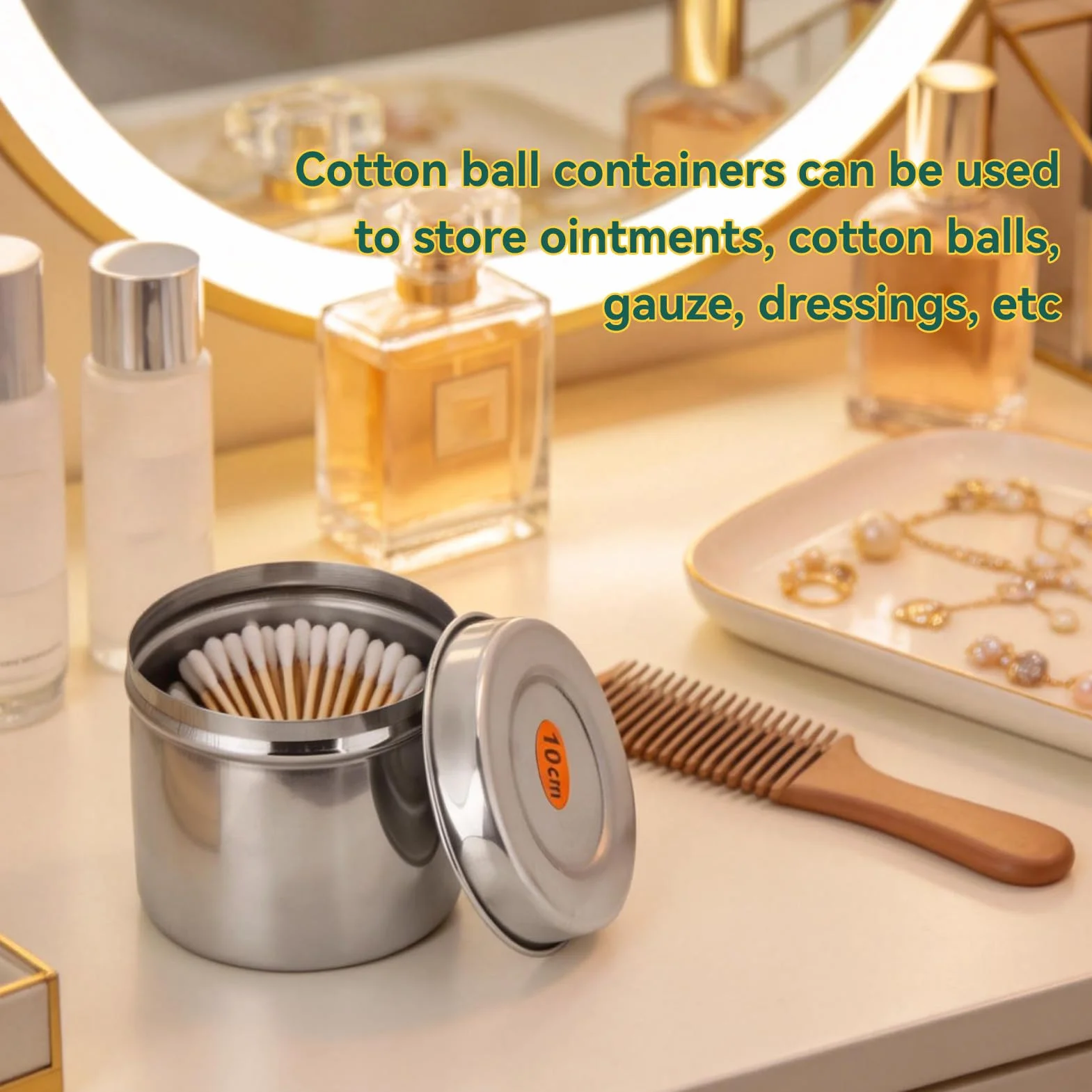 Organizer da appoggio per vanità da bagno, contenitore per barattolo in acciaio inossidabile con coperchio tazza per batuffoli di cotone per barattolo Vaso organizzatore per bagno dispenser per cotton