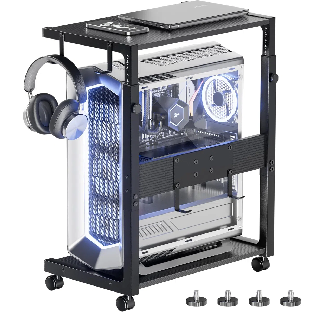 JANE EYRE Supporto per PC Tower - Supporto per PC Tower regolabile in altezza, supporto per CPU, carrello con ruote e 4 ganci per ufficio domestico e aula, 58,5-71,9 cm H, Nero