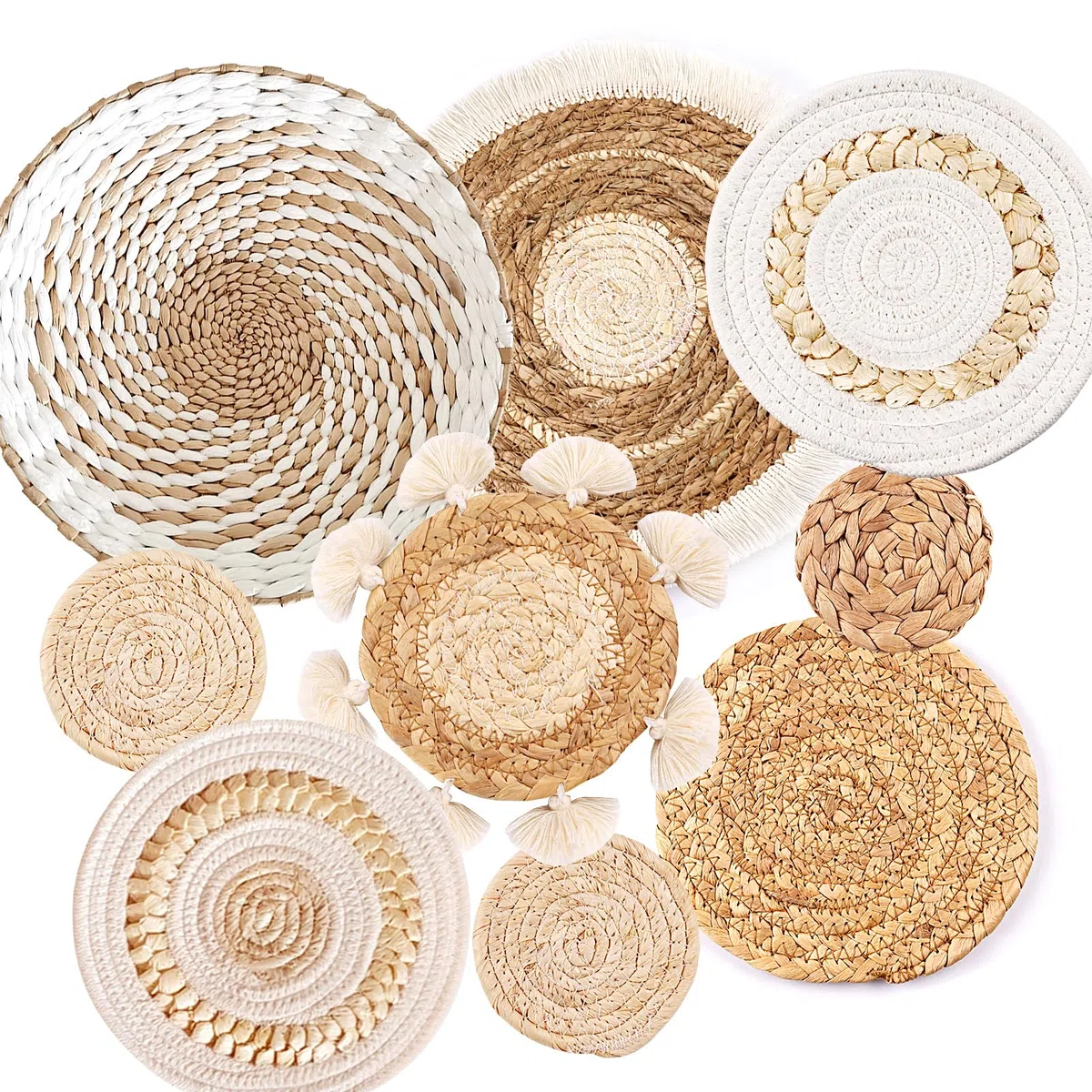 Set di 9 cestini da parete in stile bohémien, da appendere, in rattan, vimini, decorazione da parete, ecologica, rotonda, per casa, camera da letto, soggiorno, tavolo, cucina, casa