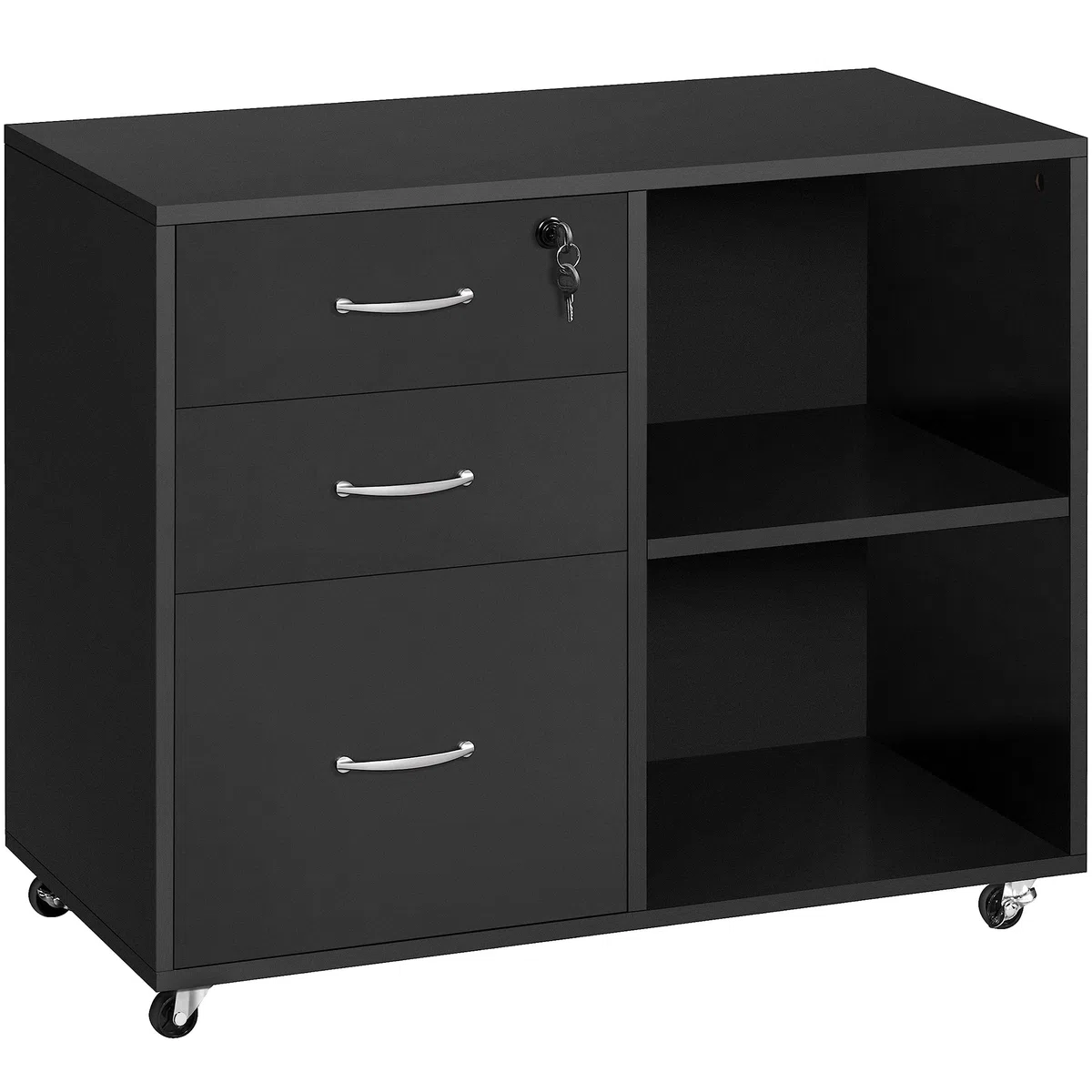 Yaheetech Armadietto Portadocumenti Schedario da Ufficio in Legno con 3 Cassetti Mobile Porta Stampante con Scomparti Mobiletto da Archivio con Ruote 80 x 40 x 65,5 cm Nero