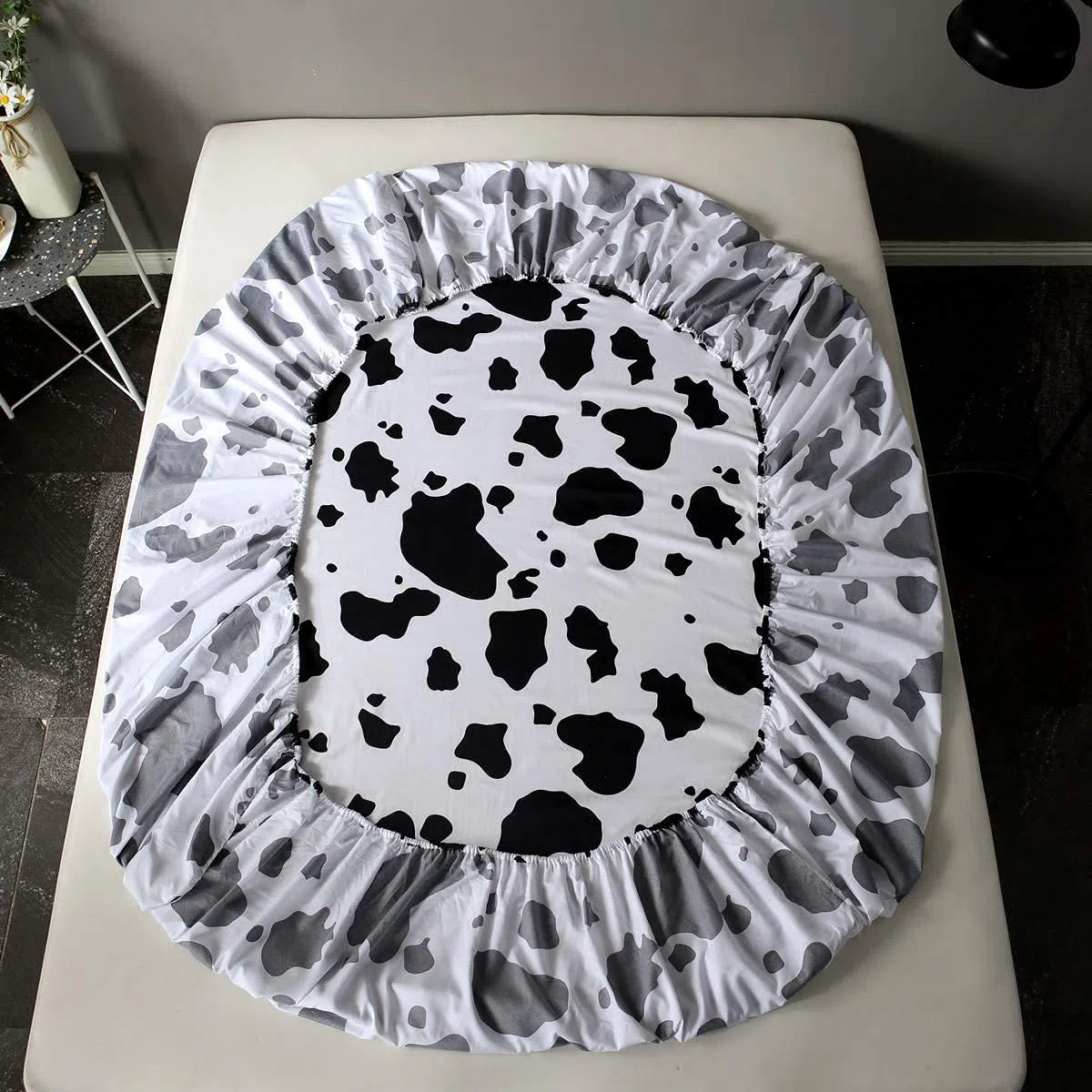 Set di lenzuola per letto singolo, 3 pezzi, nero, bianco, latte, mucca, animali + lenzuolo con angoli con tasca profonda + lenzuolo con angoli + 1 federa per cuscino a quadri per bambini e ragazze