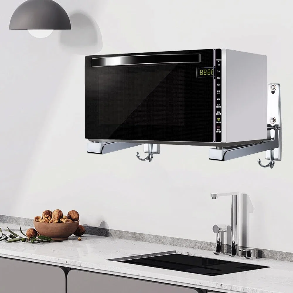 Staffa per Microonde, Supporto per Microonde in Acciaio Inox con 2 Gancio, Braccio Telescopico, Estensibile 20 – 40 cm, Supporto per Forno a Microonde da Parete