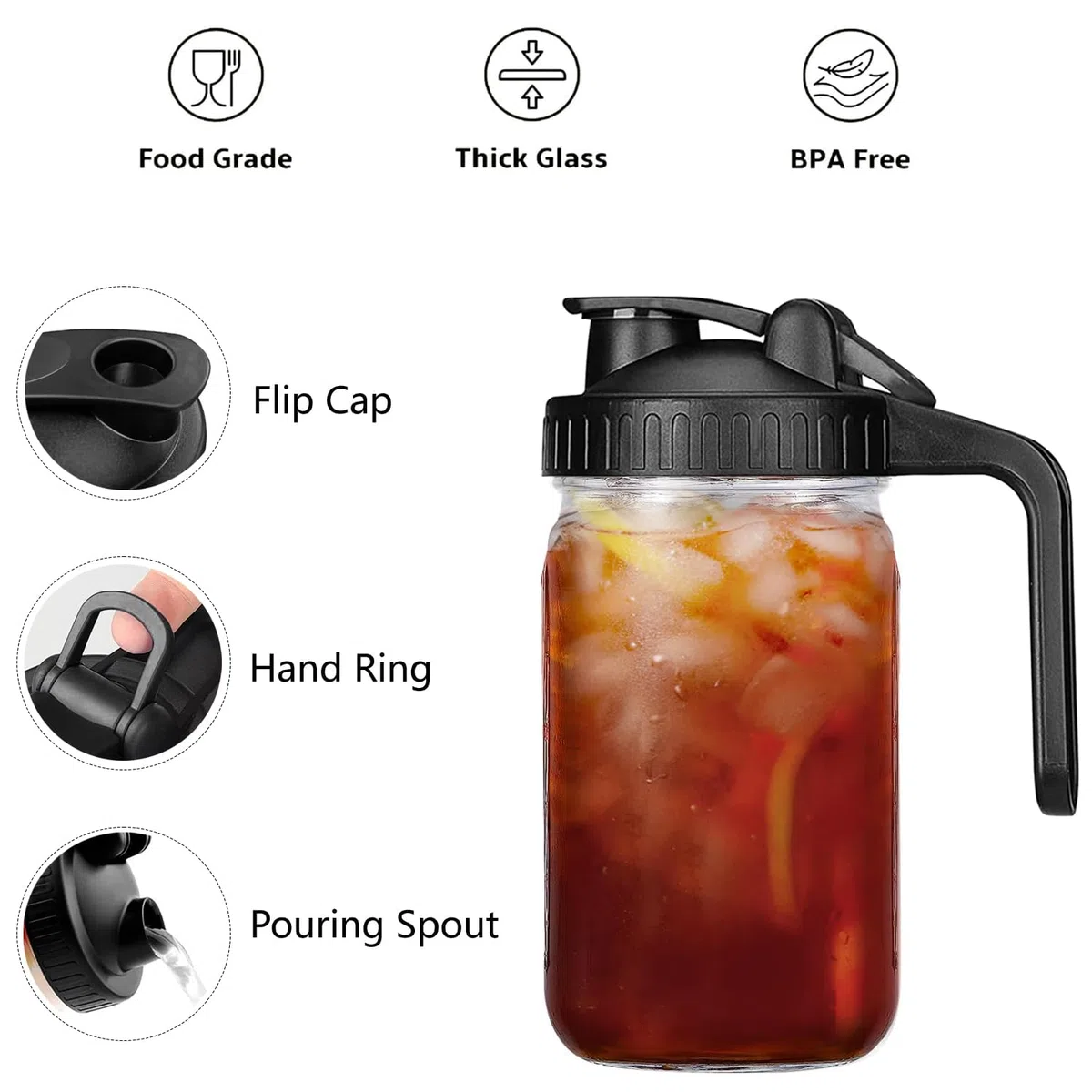 Hniuyun Brocca per latte, 907 ml, ermetica, in vetro, a bocca larga, con coperchio per versare latte materno, tè freddo, caffè freddo, succo di frutta (nero)